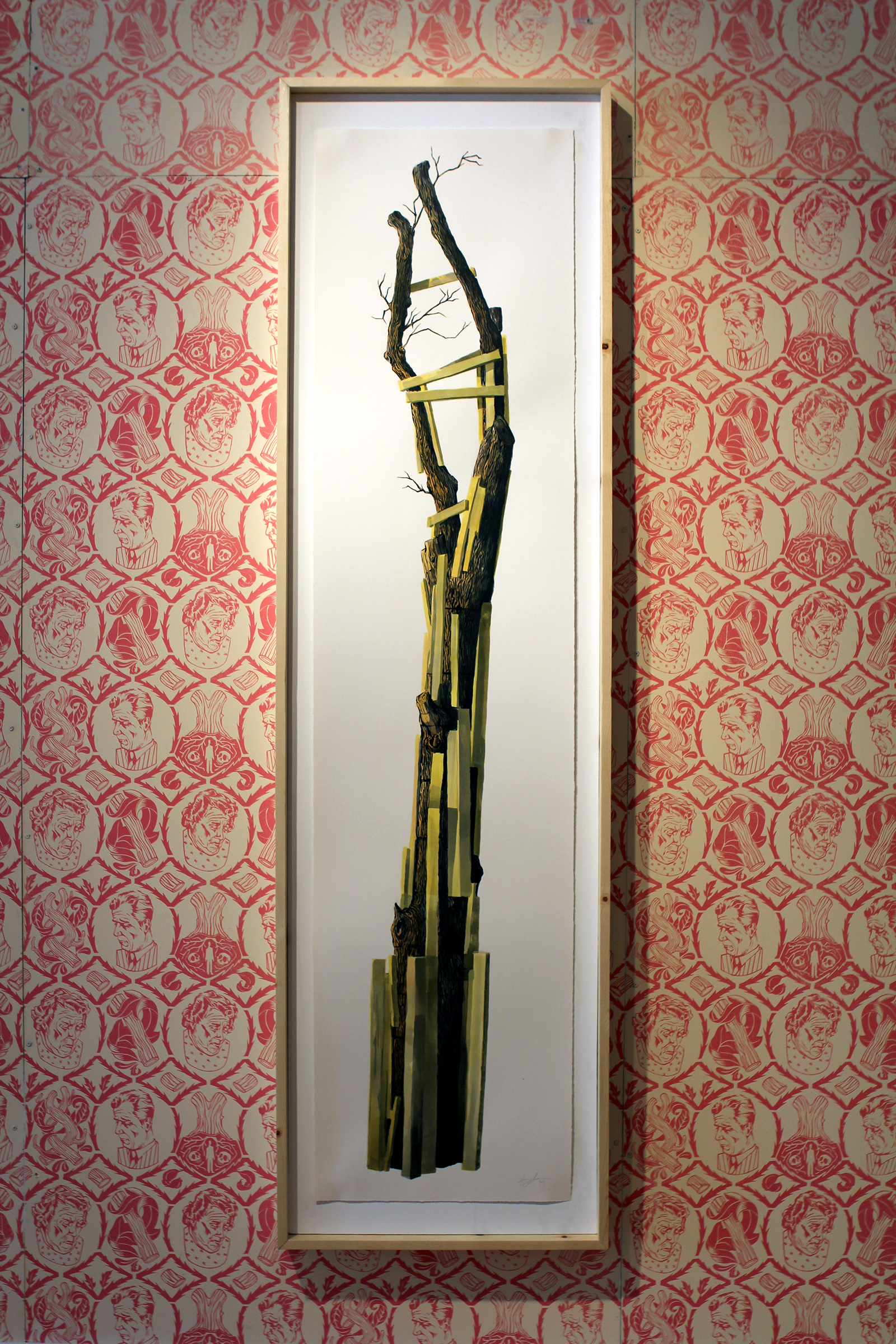 A photograph of a painting of a tree sculpture hanging in a gallery with pink patterned wallpaper
