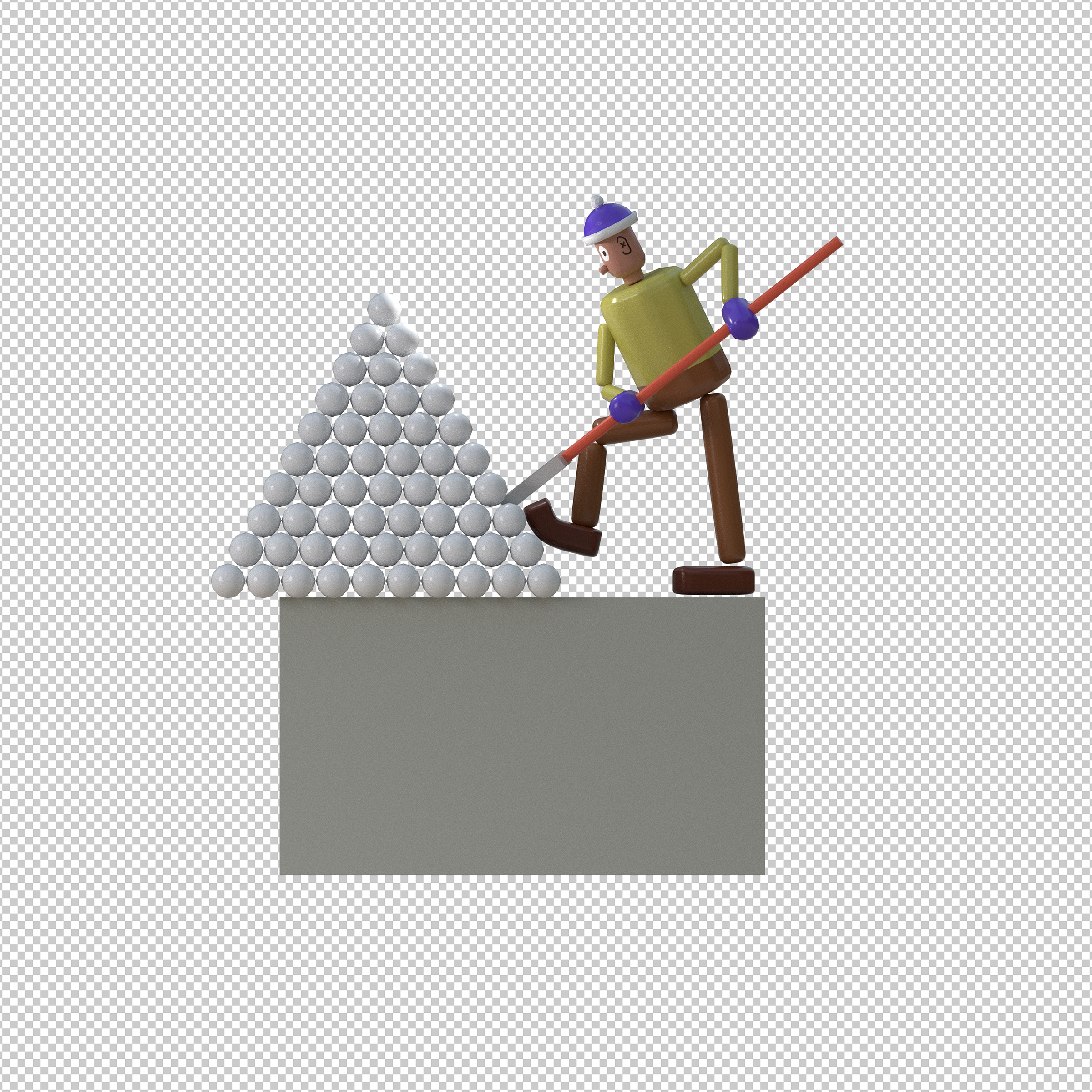 a 3D rendering of a push puppet toy shoveling snow