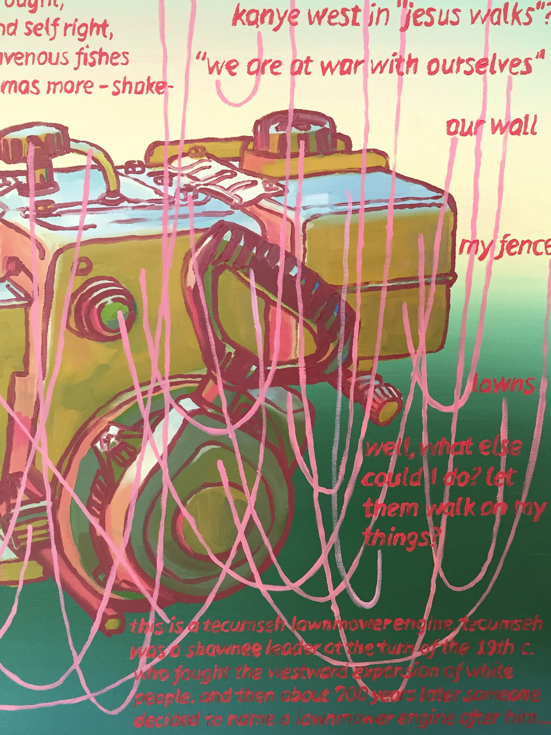 A close-up image showing the details of a painting of a diagram of a lawnmower engine.