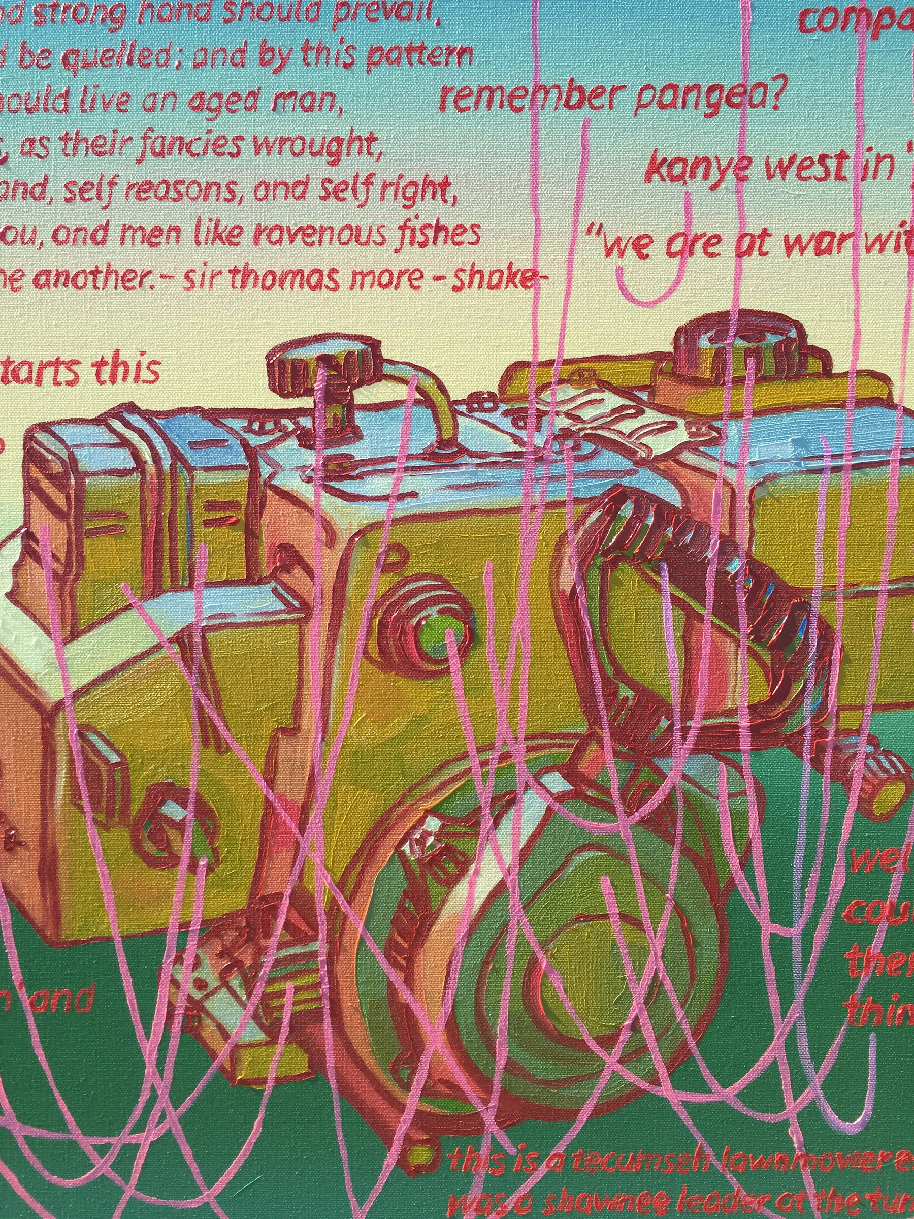A close-up image showing the details of a painting of a car engine diagram