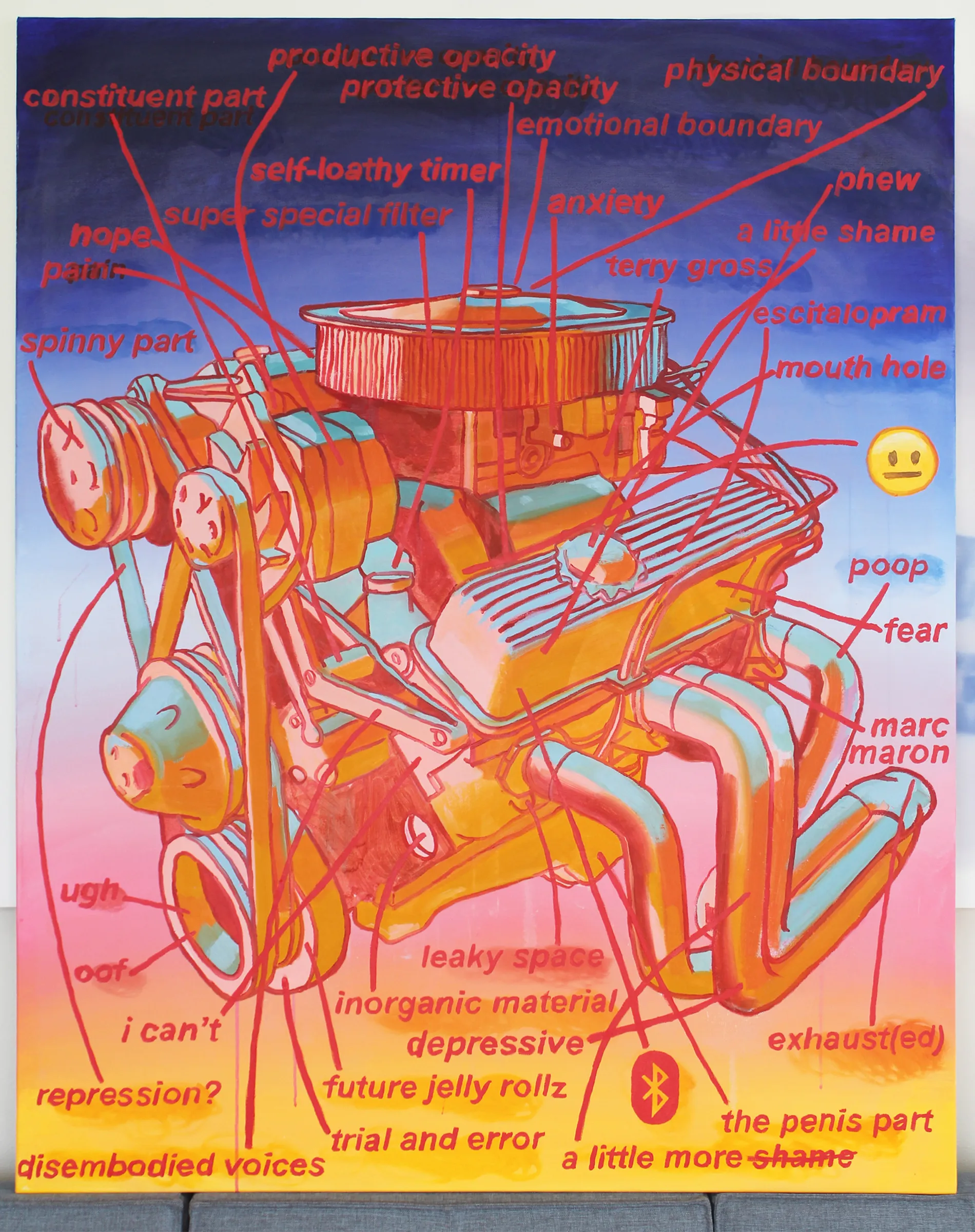 A painting of a car engine diagram with red text and a gradient background.