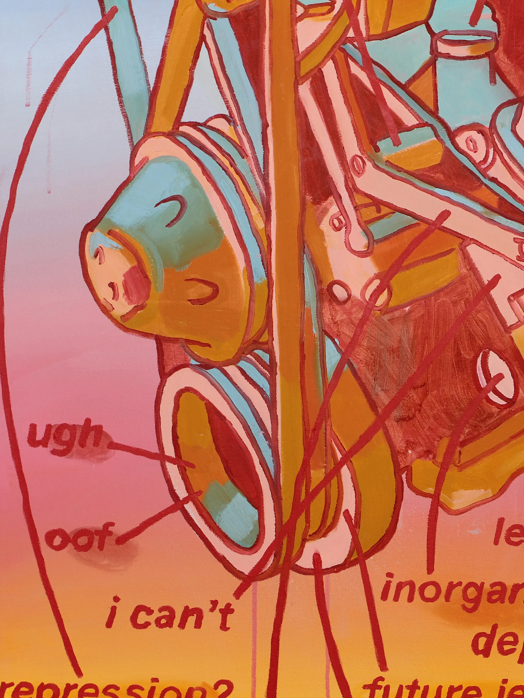 A close-up image showing the details of a painting of a car engine diagram.