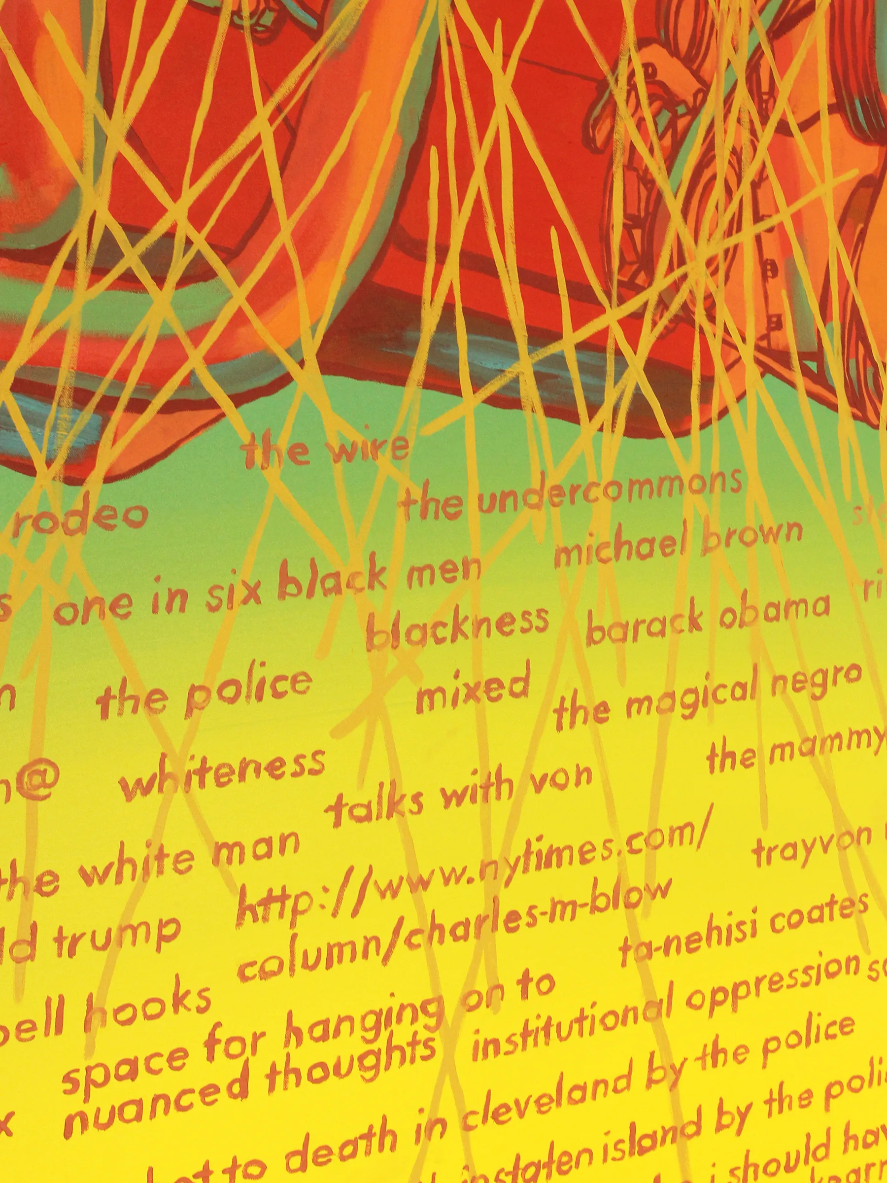 A close-up image showing the details of a painting of a car engine diagram
