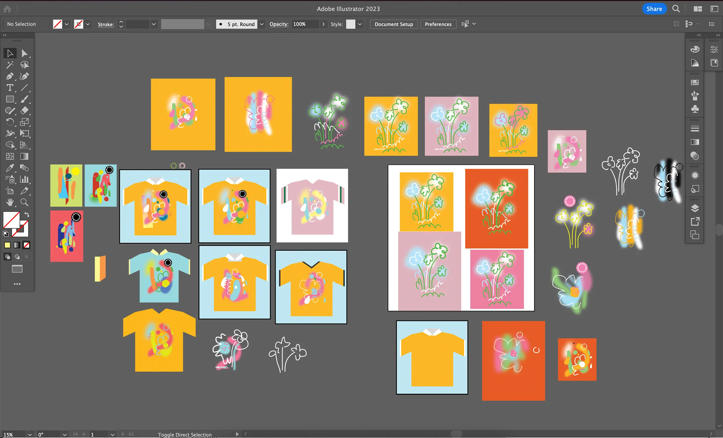 A screenshot of an Adobe Illustrator workspace featuring multiple floral designs, some on graphics of t-shirts.