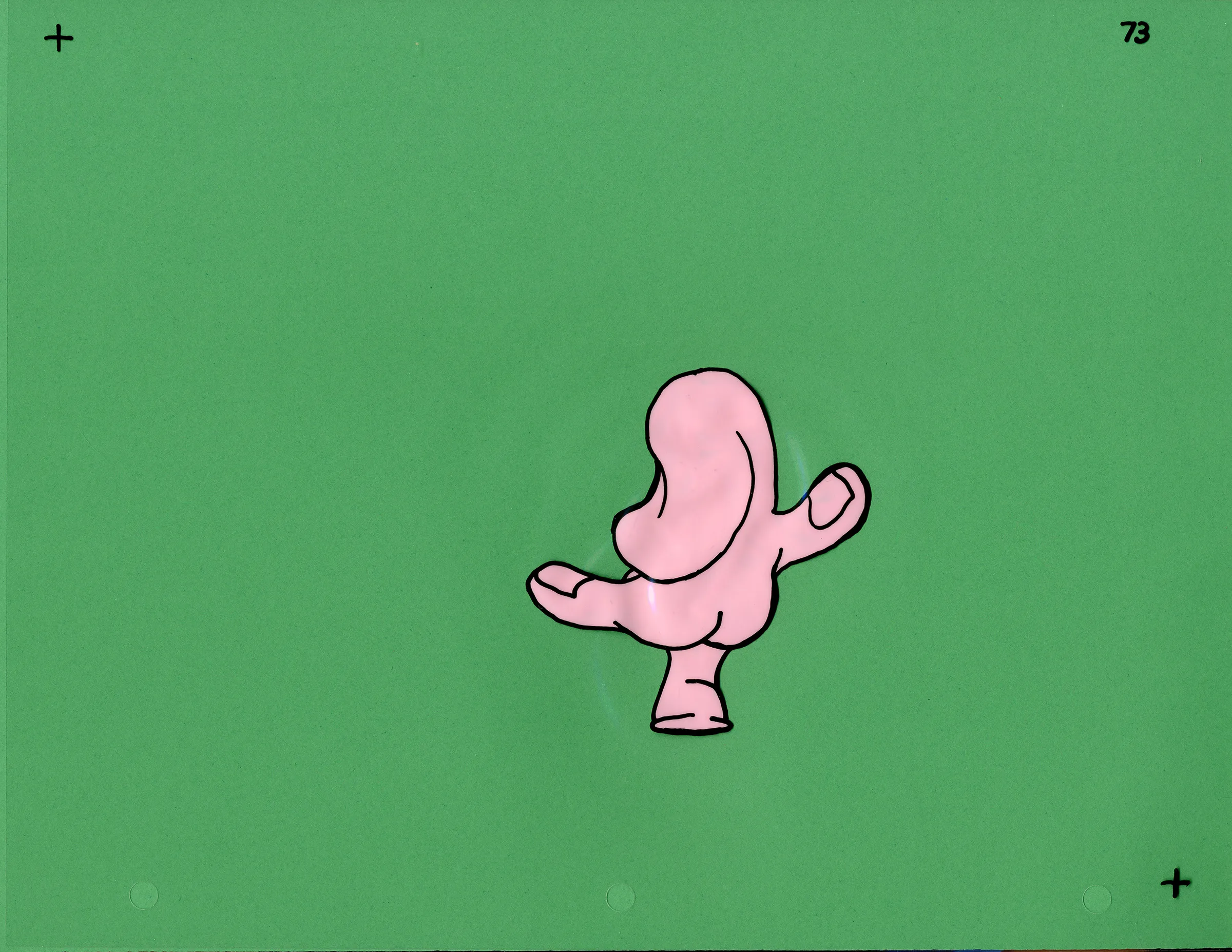 A scan of a hand-drawn animation cel featuring a disembodied cartoon hand. Thick black lines define the pink hand, which balances on one finger in a dancerly pose. The background is solid green
