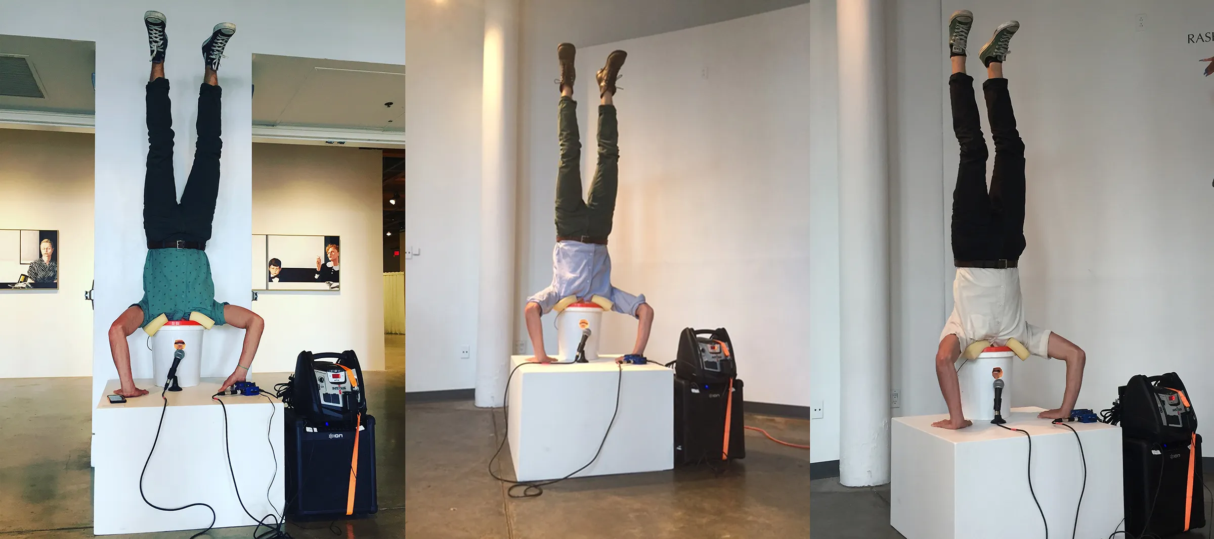 Three photographs of Avery Lawrence doing a handstand with his head in a white 5-gallon bucket.