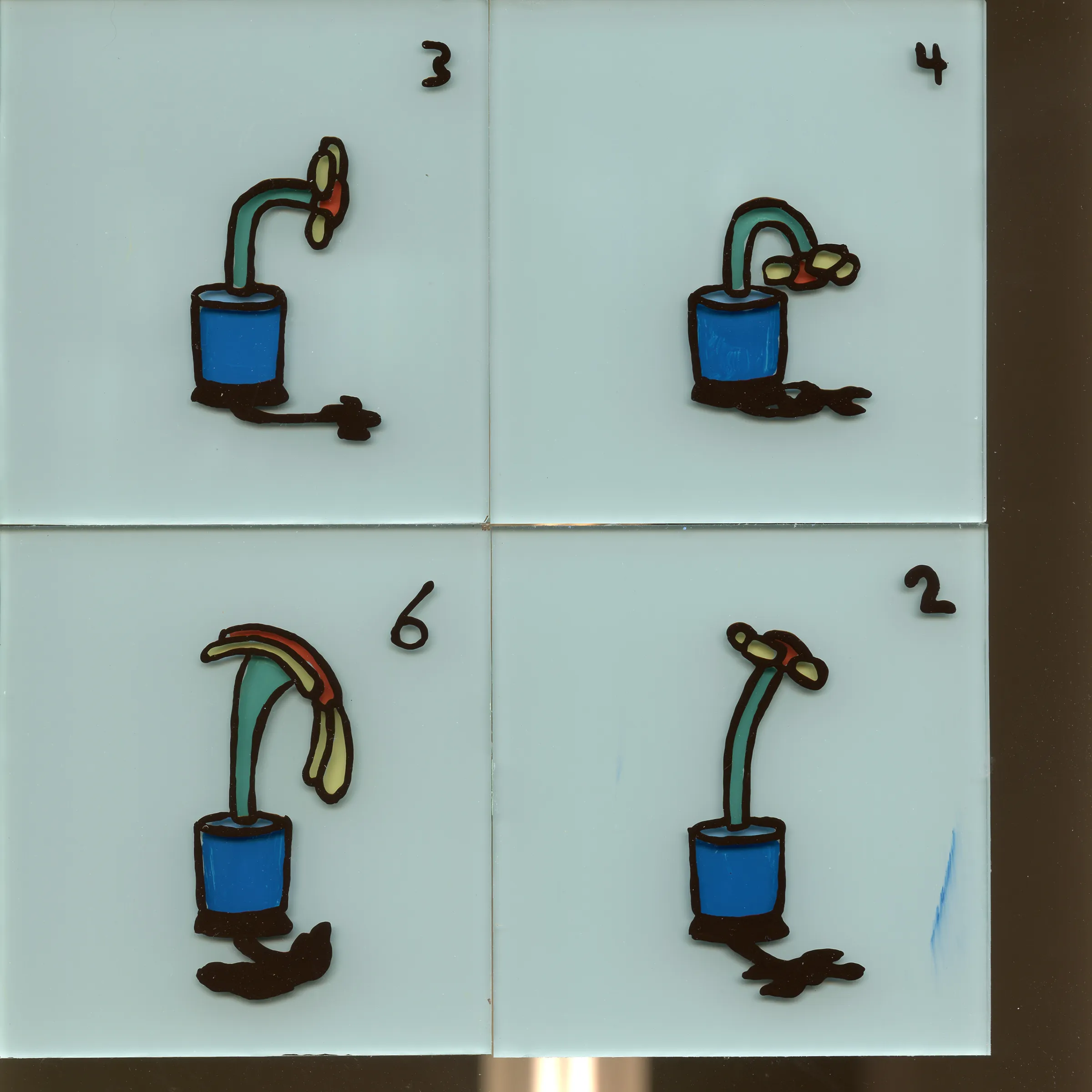 A scan of four hand-painted frames of an animation featuring a cartoon flower with yellow petals, red center, green stem.