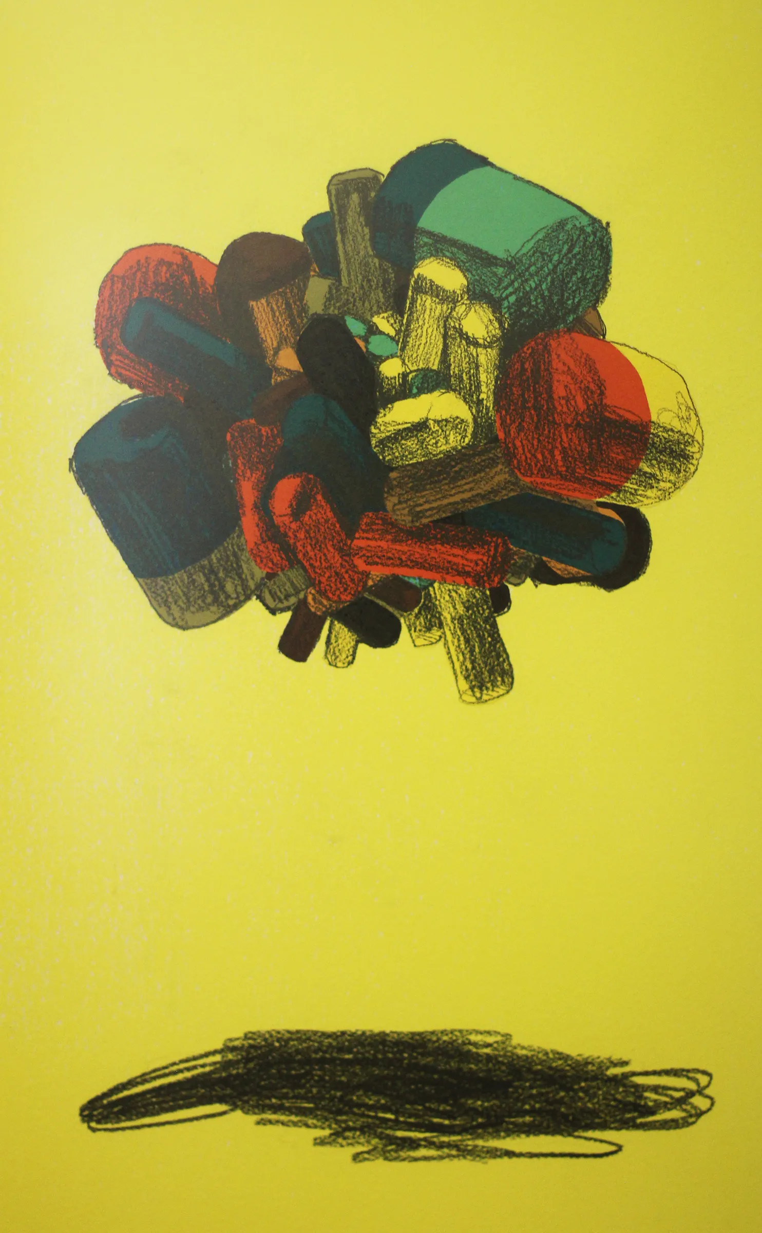 Detailed view of an abstract drawing featuring a sphere-like mass of multicolored objects. The background is bright yellow.