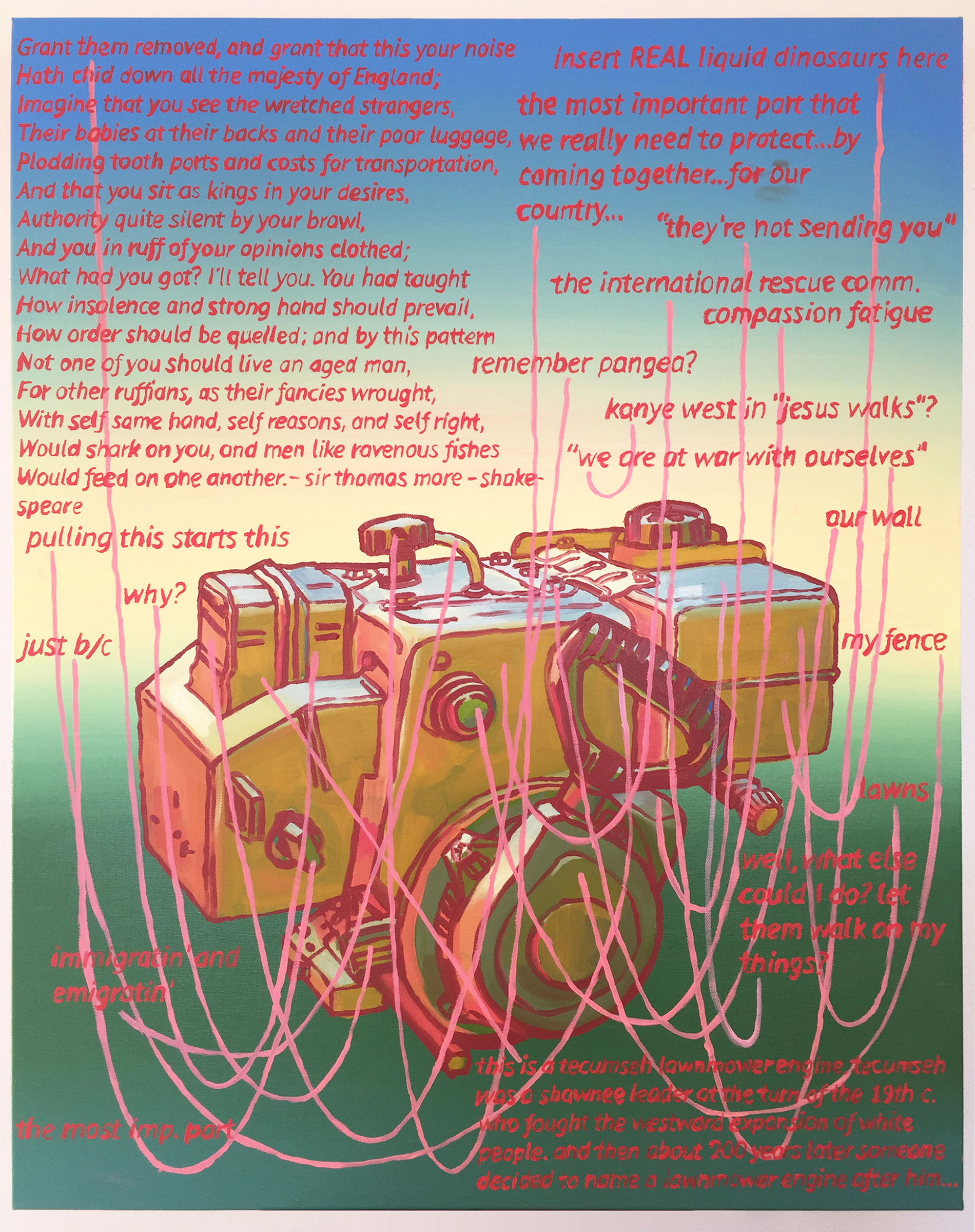 A painting of a lawnmower engine diagram with red text and a gradient background.
