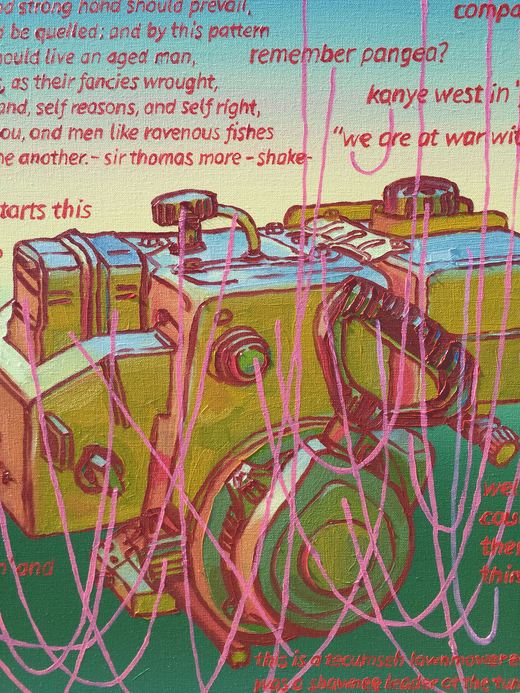 A close-up image showing the details of a painting of a diagram of a lawnmower engine.