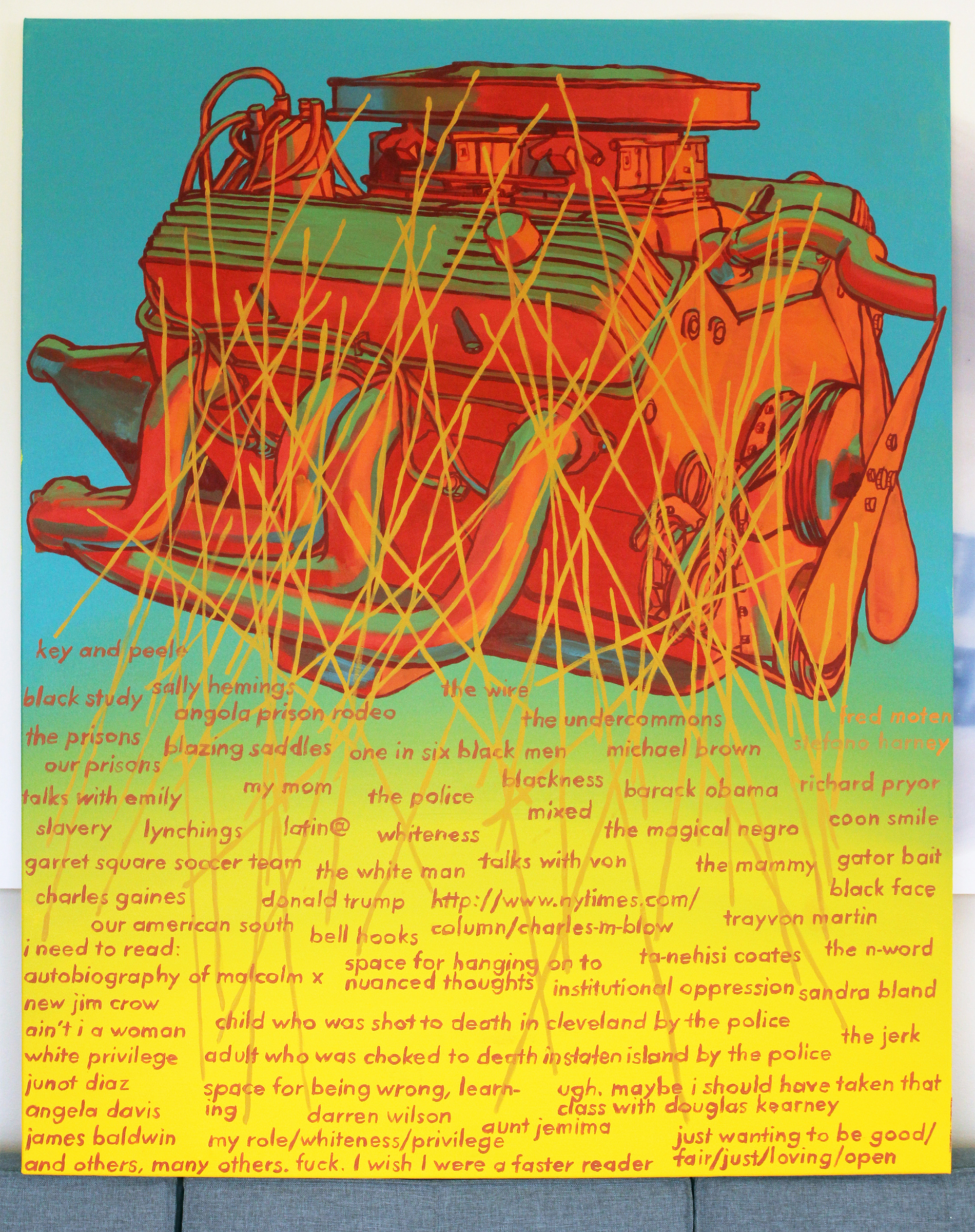 A painting of a car engine diagram with light brown text and a gradient background.