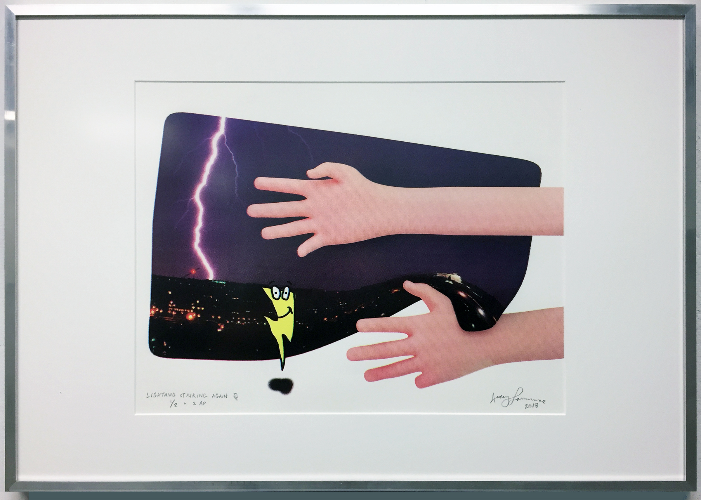 A photograph of a screen-printed image of two pink arms interacting with a piece of fabric and a cartoon lightning bolt.