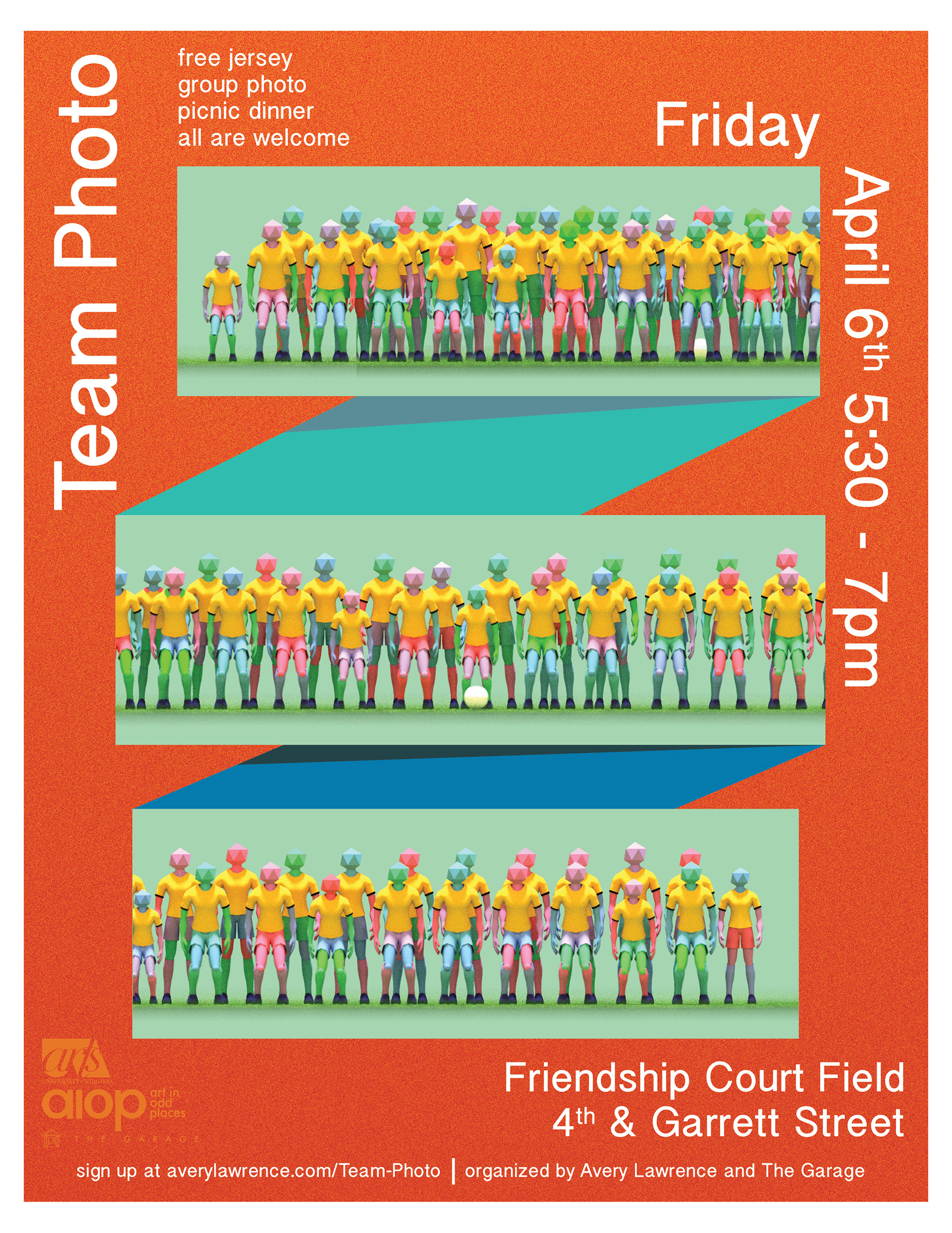 A poster featuring a ribbon-like graphic on which a group of low-poly 3D models of people pose for a team photograph. The poster advertises an event called Team Photo.