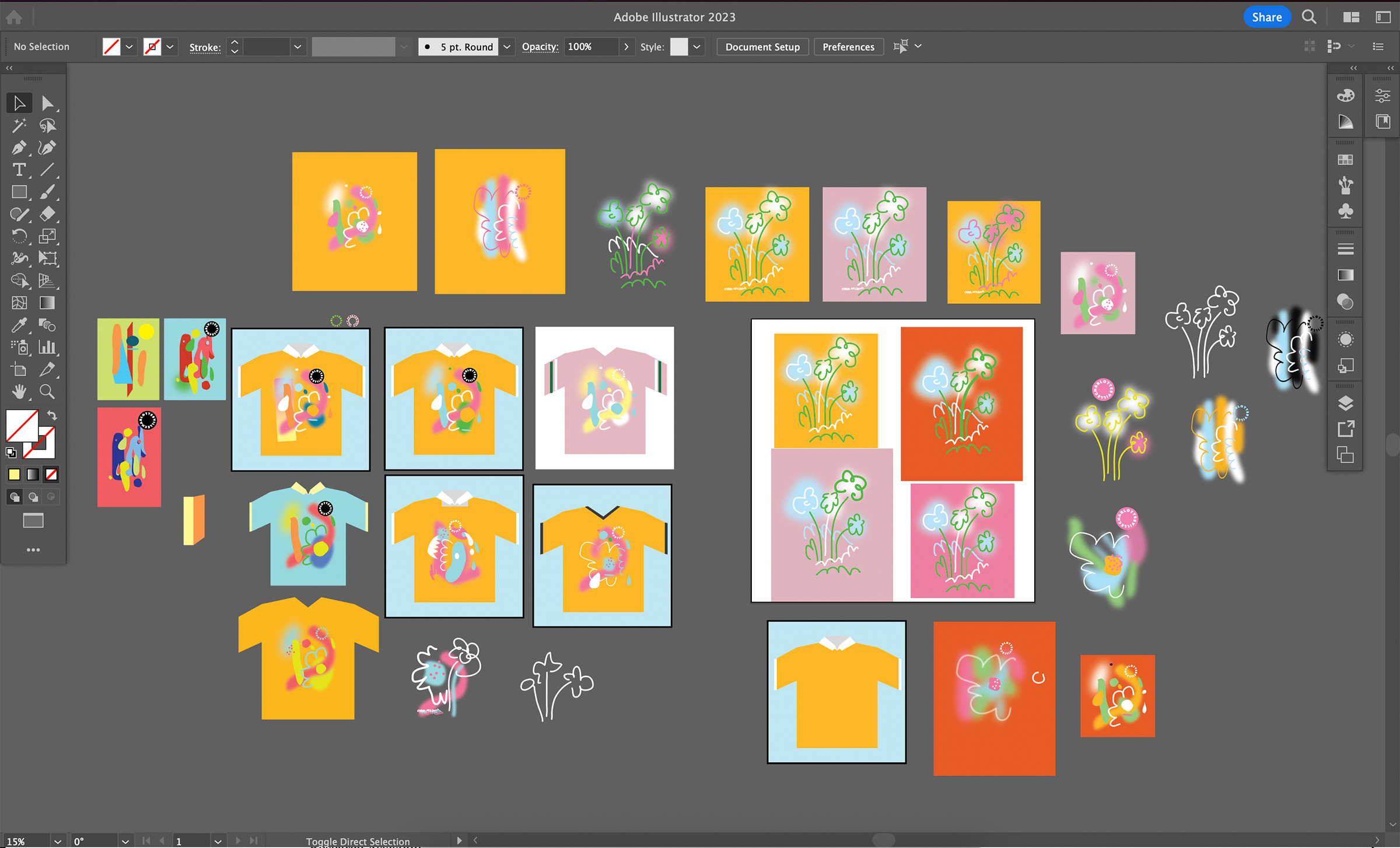 A screenshot of an Adobe Illustrator workspace featuring multiple floral designs, some on graphics of t-shirts.