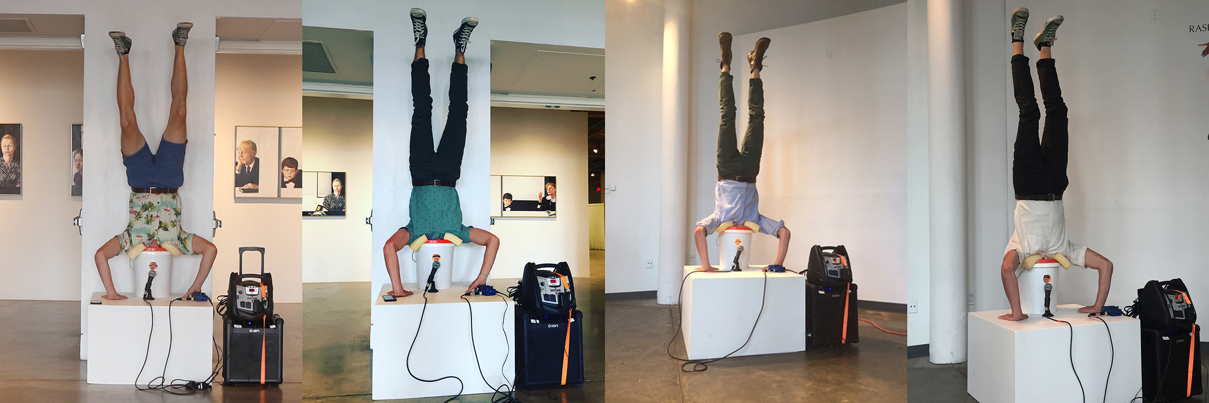 Four photographs of Avery Lawrence doing a handstand with his head in a white 5-gallon bucket.